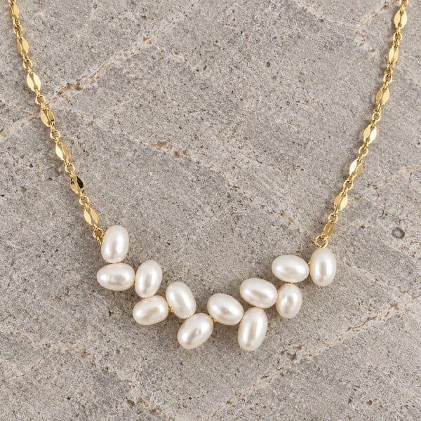 45cm Collier perles eau douce epi de ble 6mm chaine plaque or