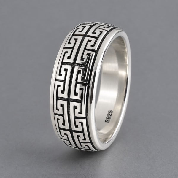 Bague homme argent dome tournant double ligne motif grecque