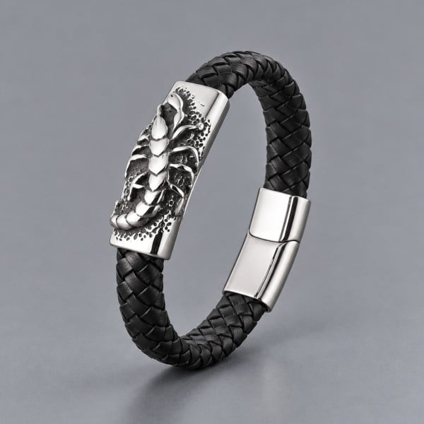 Bracelet homme cuir tresse zodiaque scorpion fermoir acier