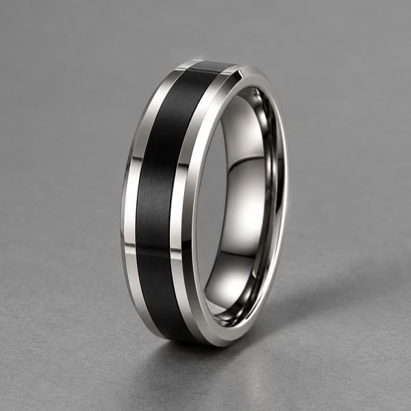 Bague personnalisee homme Tungstene bord biseaute resine noire