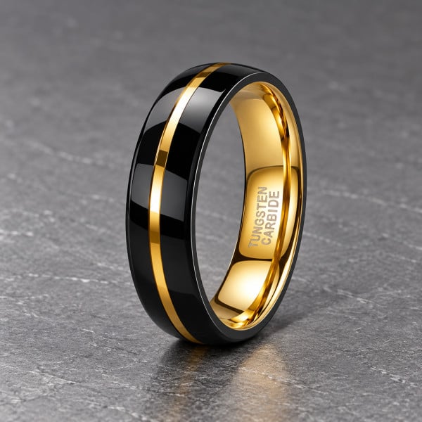 Bague personnalisee dome tungstene rainure panneau 2 tons plat or