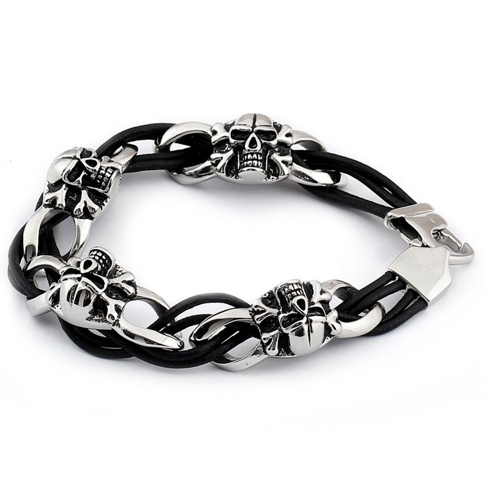 Bracelet homme cuir noir tete de mort acier multi cordons ...