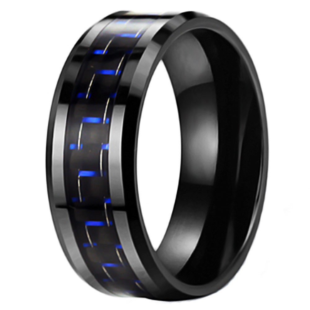 Black Ceramic Beveled Edges Carbon Fiber Inlay Band RIng For Men And
