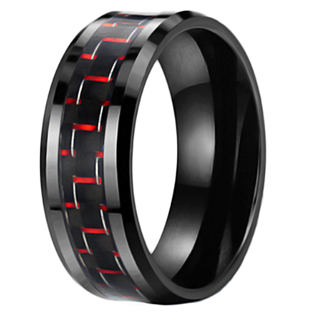 Black Ceramic BLACK RED Carbon Fiber Inlay Beveled Edges Band RIng For