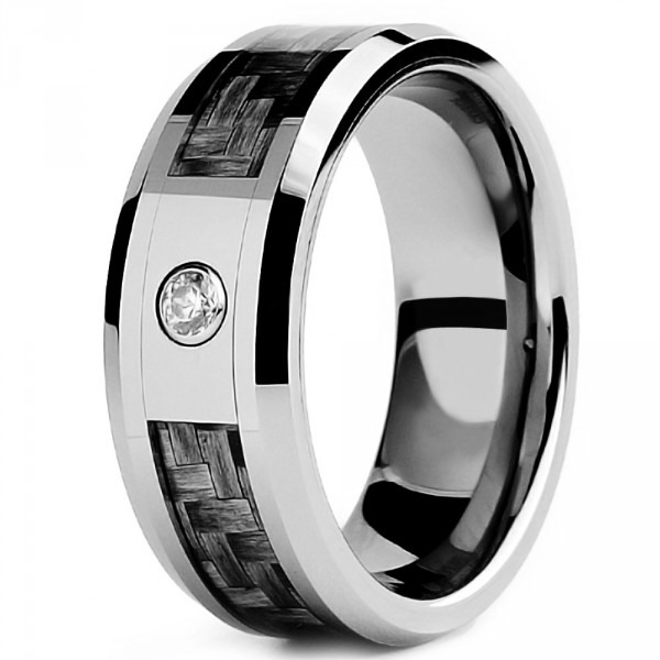 Men's Tungsten Personalized Ring with Black Carbon Fiber and Cubic