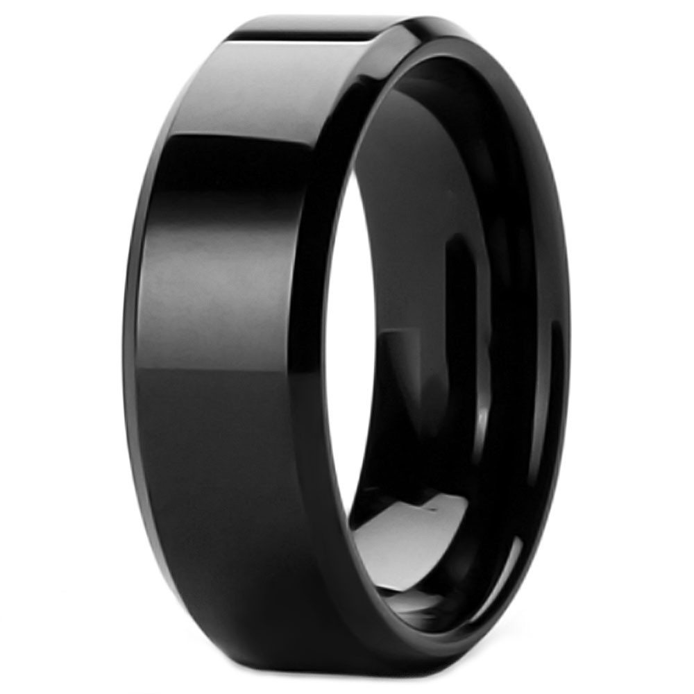 Men's Polished Black Flat Beveled Edge Tungsten Band Ring BijouxStore