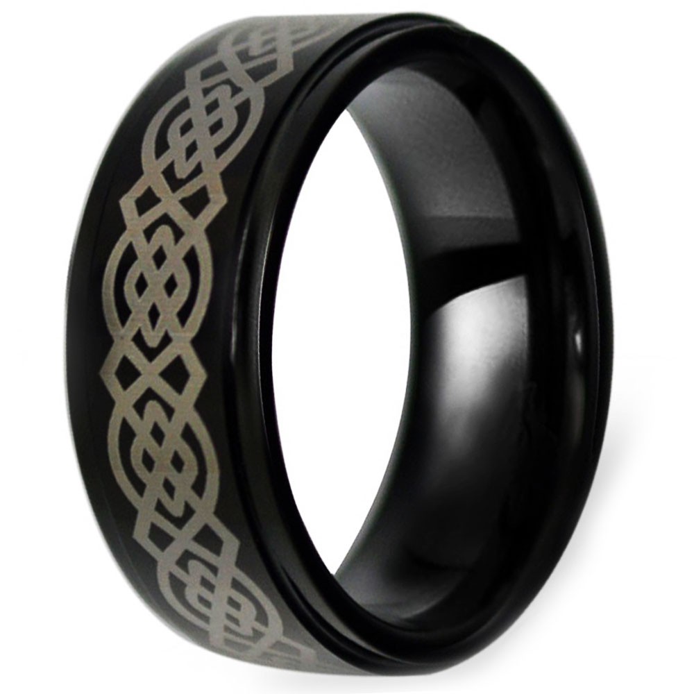 IP Black Men's Tungsten Laser Engraved Celtic Pattern Band Ring