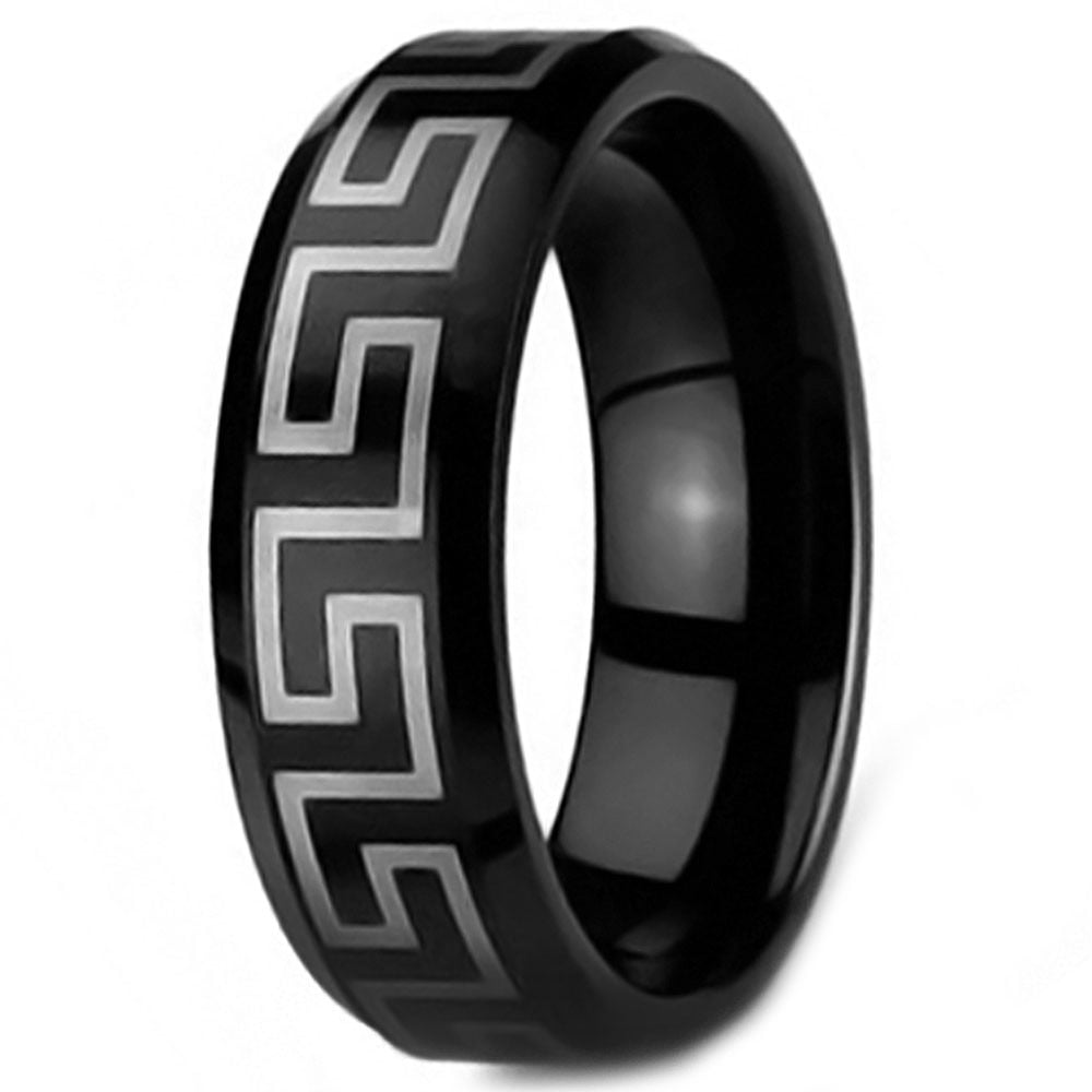 Men's Black Tungsten Personalized Band Ring With Greek Key Pattern