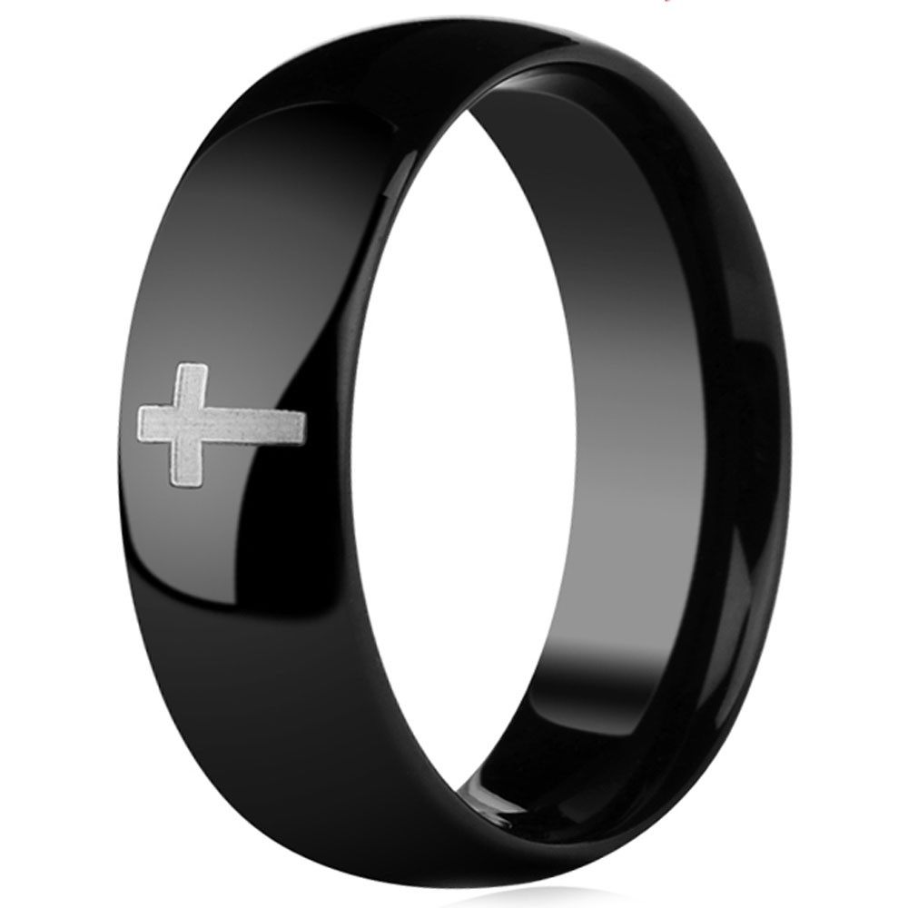 Men's Cross Black Tungsten Carbide Personalized Dome Band Ring
