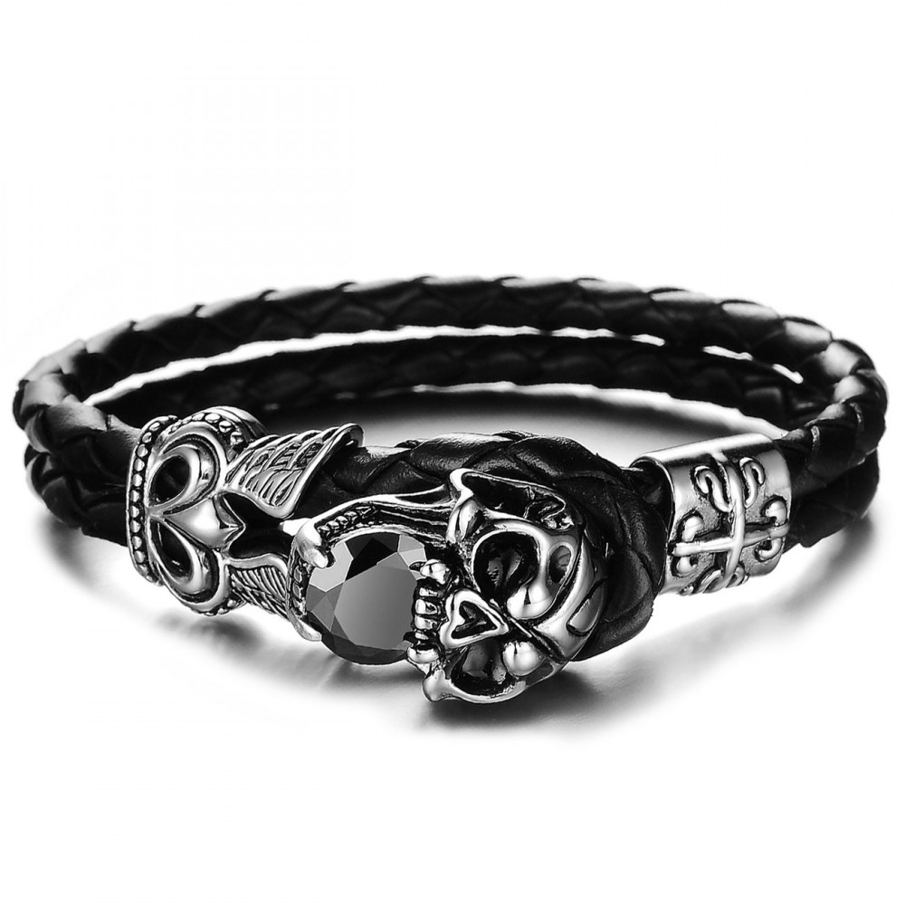 Mens Black Leather Bracelet With Stainless Steel Skull Clasp