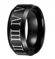 Men's Black Brushed Stainless Steel Roman Numeral Custom Engraving Ring