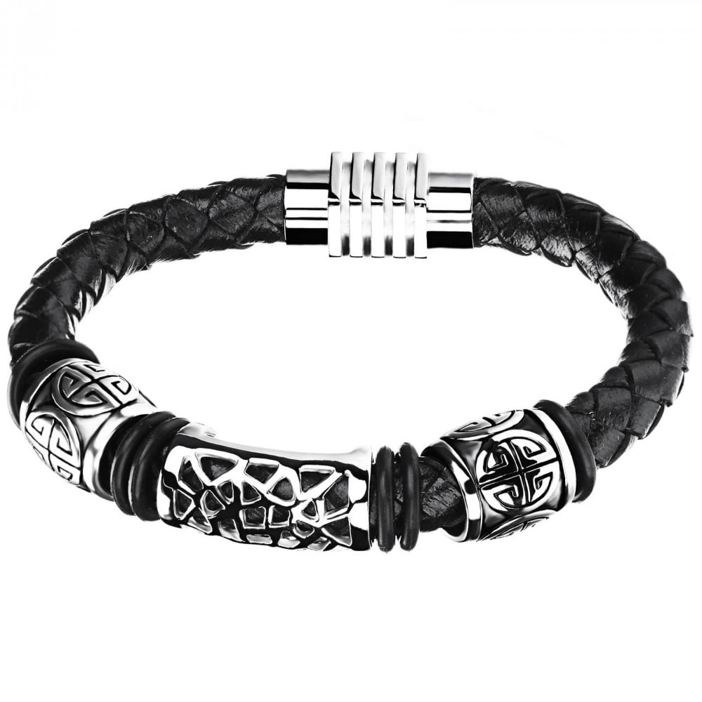 Men's Black Braided Leather Bracelet With Stainless Steel