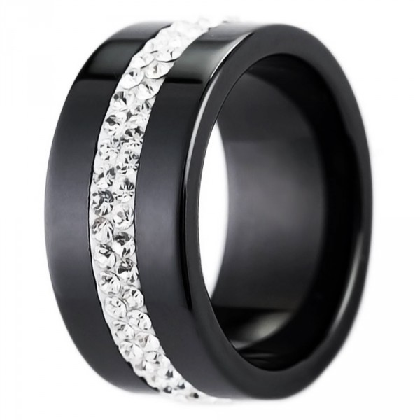 Bague femme ceramique noire anneau plat bande zirconium BijouxStore webid1478