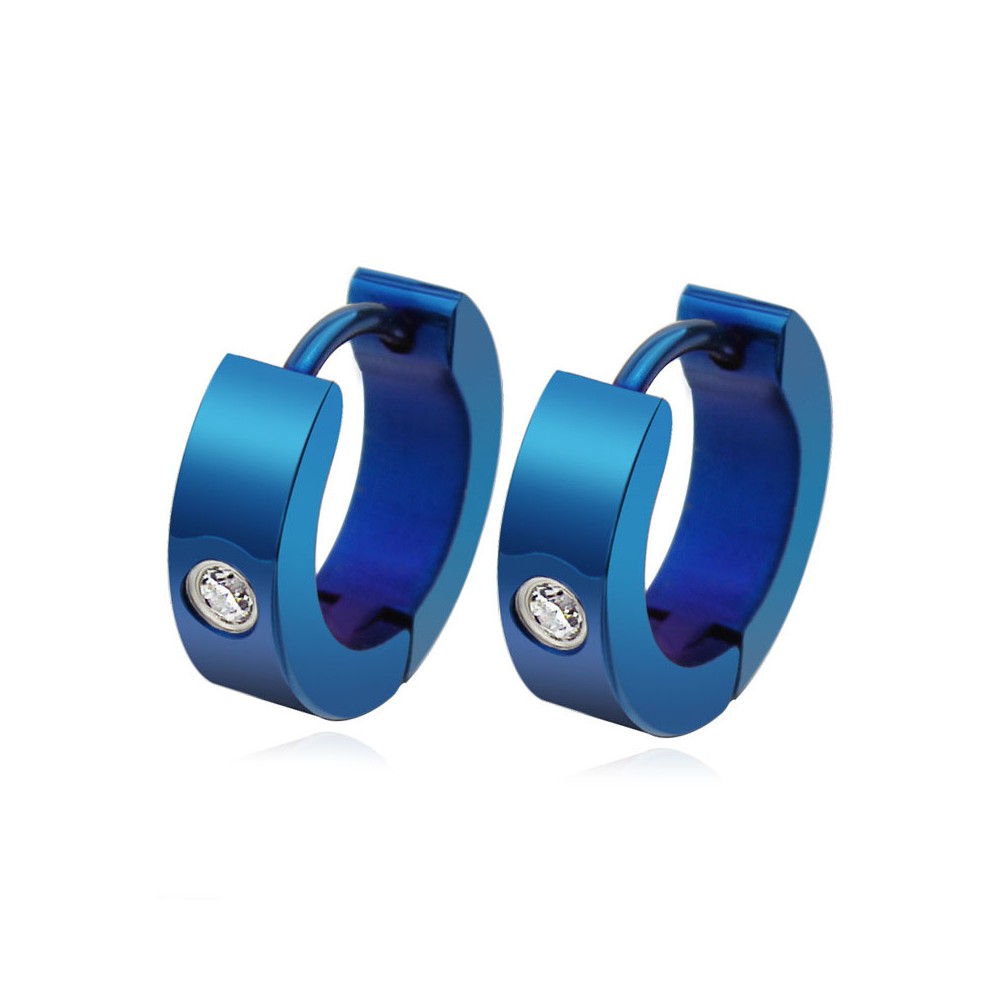 Men's High Polished Blue Stainless Steel Hoop Earrings Cubic Zirconia