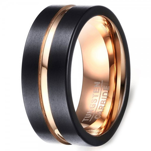 Bague homme tungstene brosse rainure noir plaque or