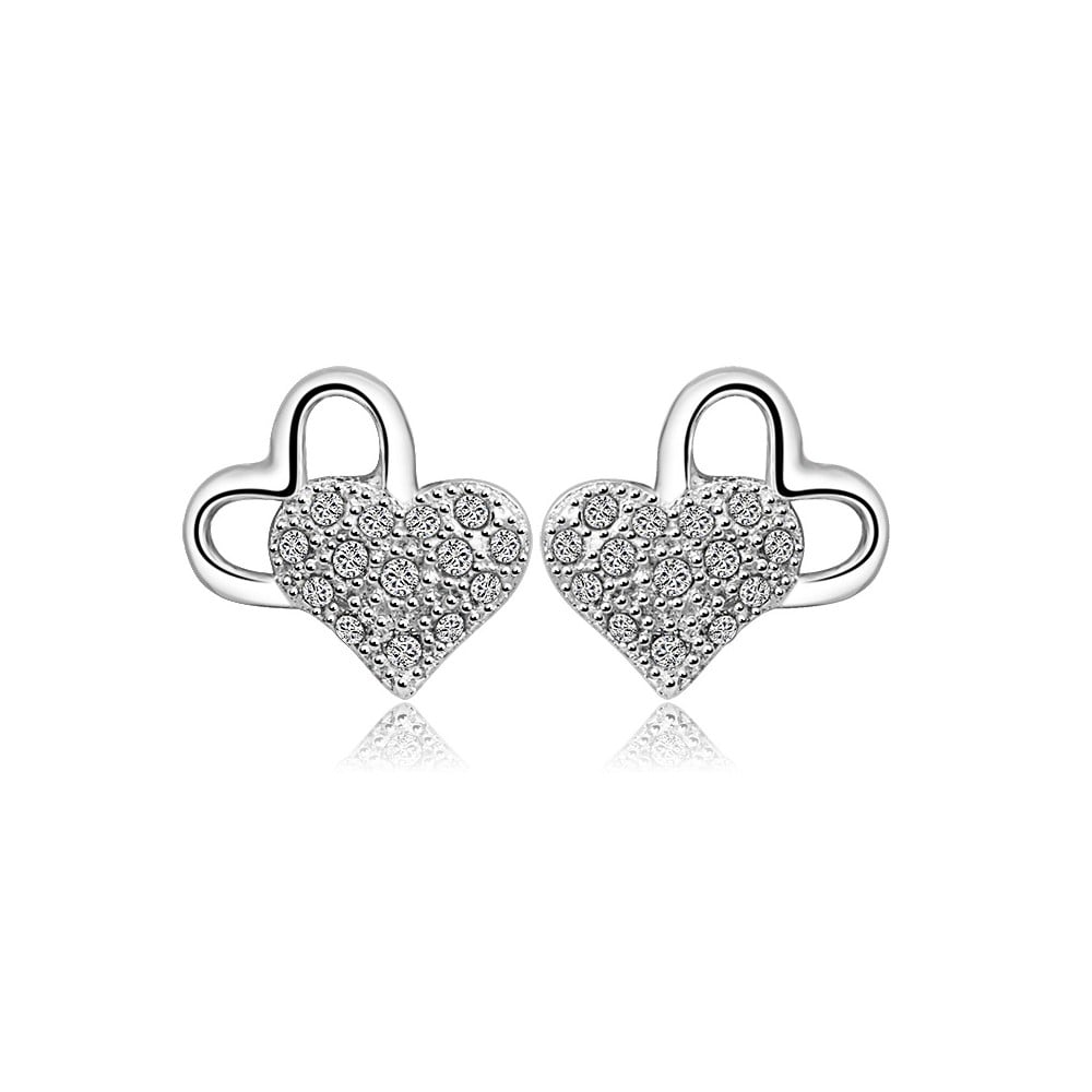 Sterling Silver Double Heart Stud Earrings Cubic Zirconia Inlay