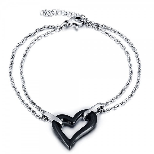 Women's Black Ceramic Heart Stainlesse Steel Links Bracelet