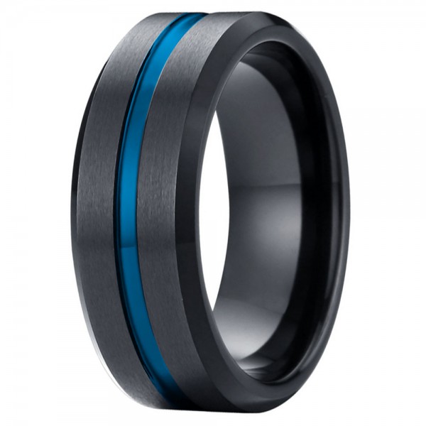 Bague tungstene noire brossee rainure plaque bleu a graver