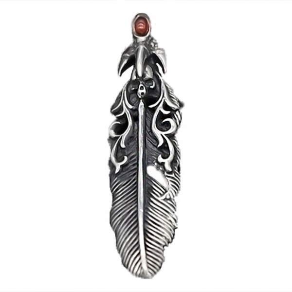 Pendentif argent homme plume tete de mort onyx rouge