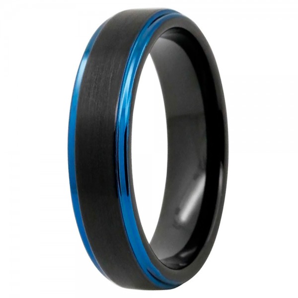 Men's Black Brushed Blue Inside Tungsten Band Ring
