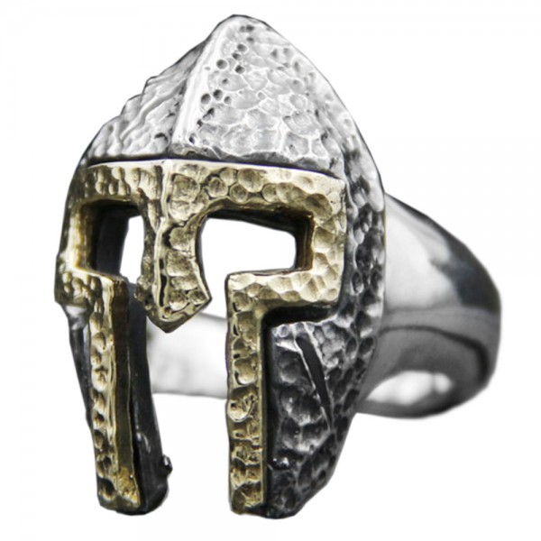 Bague chevaliere argent homme casque gladiateur finition martelee