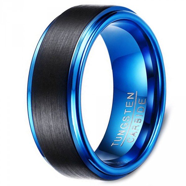 Bague tungstene homme finition brosse noir bleu