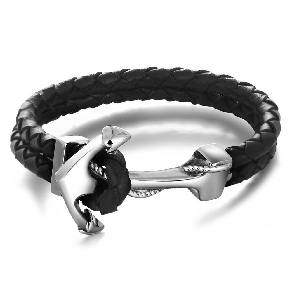 Men's Black Double Strand Braided Leather Stainless Steel anchor