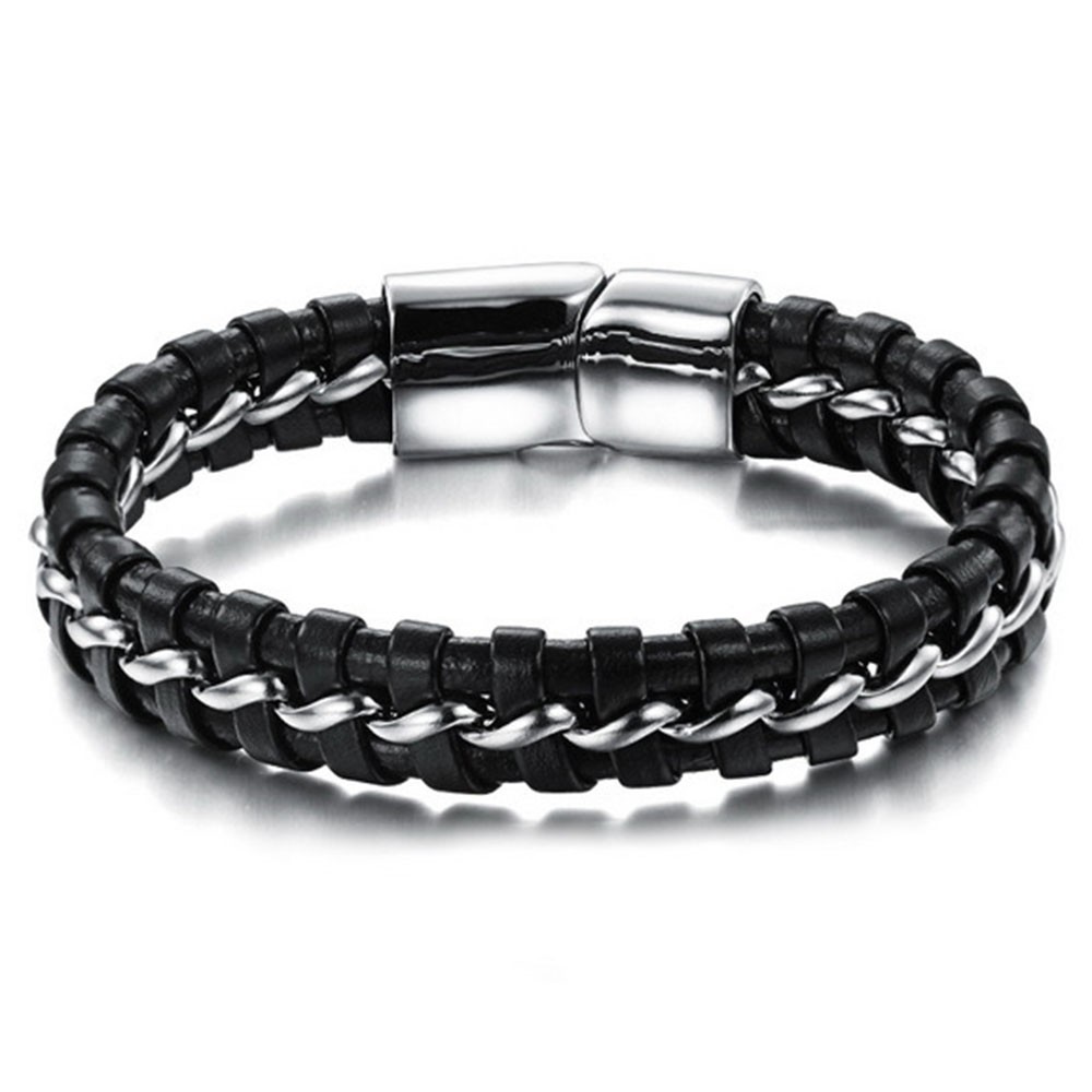 Men's Braided Leather Stainless Steel Chain Clasp Bracelet