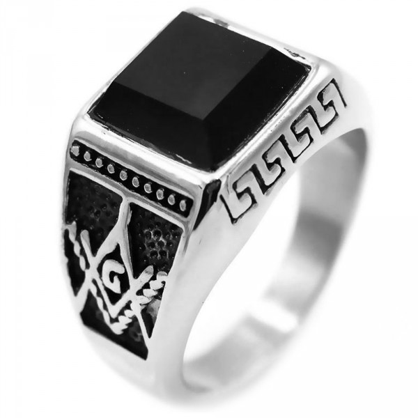 Men's Stainless Steel Faceted Blue Stone Inlay Signet Ring