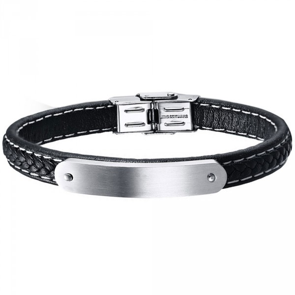 Men's Black Leather Stainless Steel ID Bracelet