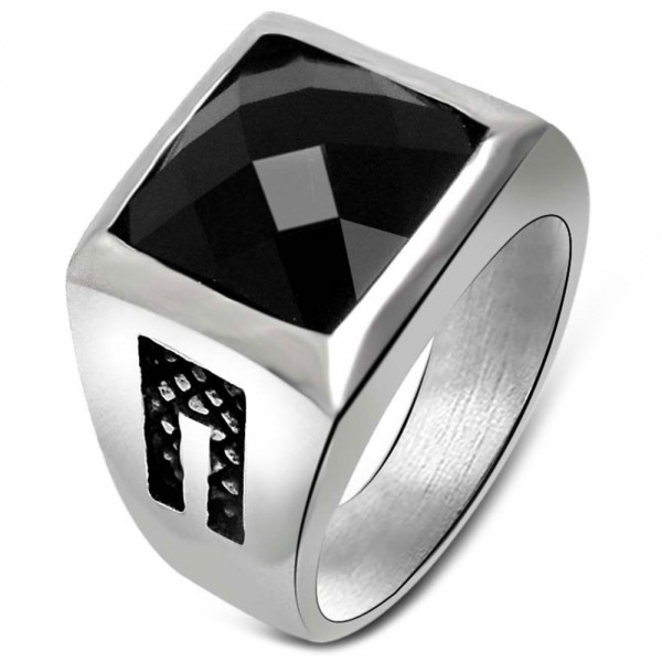 Men's Stainless Steel Black Faceted Onyx Inlay Signet Ring