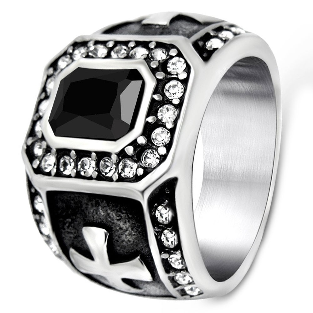 Men's Stainless Steel Black Ston Cubic Zirconia Inlay Ring