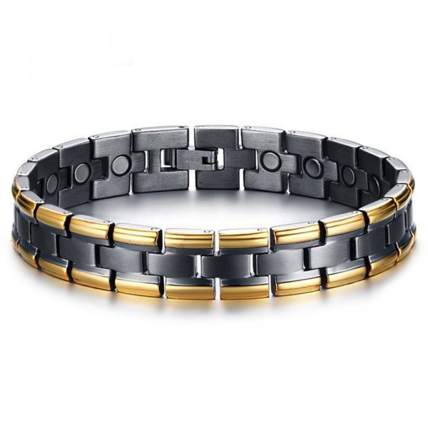 bracelet homme titane noir magnetique bords plaque or