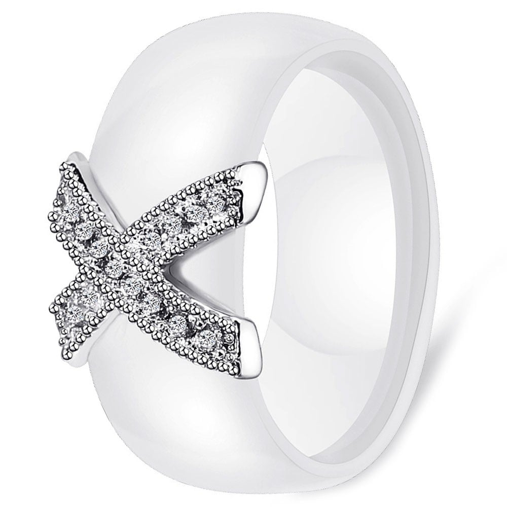White Ceramic Cross Cubic Zirconia Inlay Ring BijouxStore webid1154