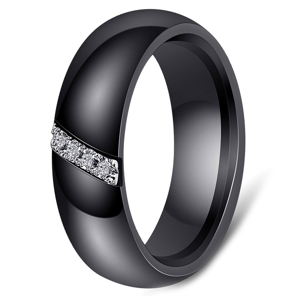 Black Ceramic Cubic Zirconia Inlay Band Wedding Ring