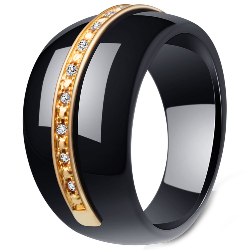 Black Ceramic line Cubic Zirconia Inlay Ring - BijouxStore - webid:1128