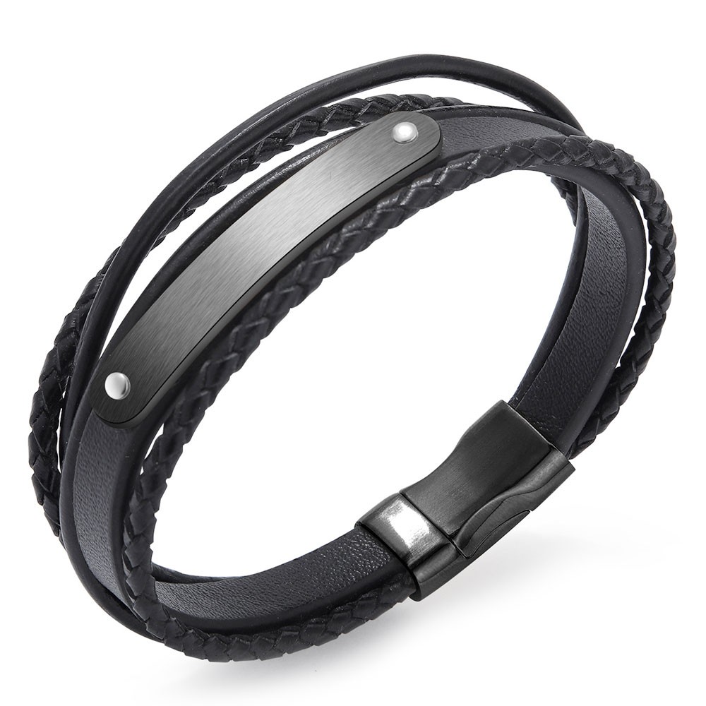 Men's Braided Leather Multi-cord Stainless Steel ID Bracelet ...