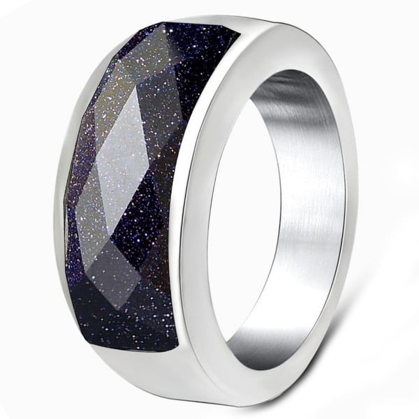 Stainless Steel Blue Faceted Stone Inlay Ring