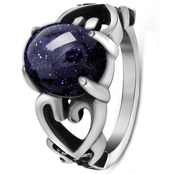 Bague anneau acier serti pierre bleue ovale motif coeur