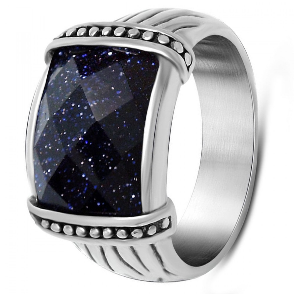 Men's Stainless Steel Faceted Blue Stone Inlay Signet Ring ...