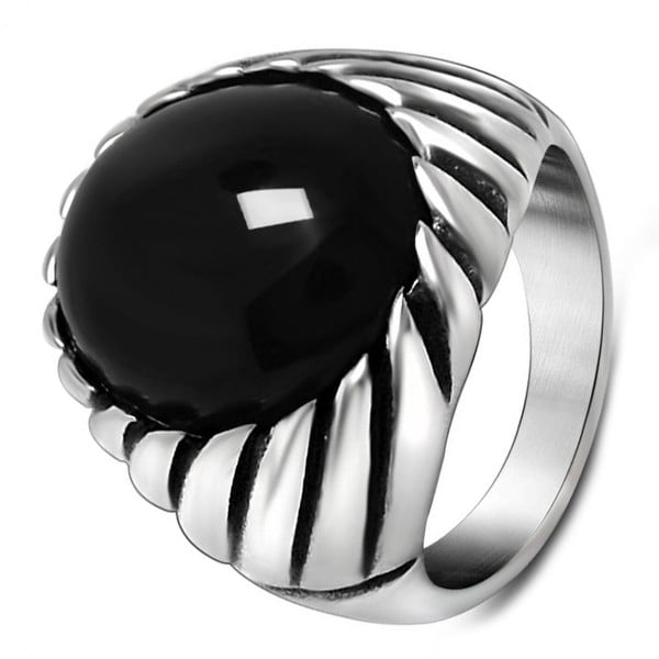 Men's Stainless Steel Oval Black Onyx Stone Inlay Signet Ring