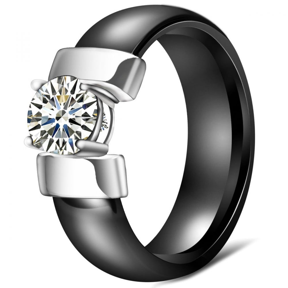 Women Black Ceramic Cubic Zirconia Inlay Band Ring BijouxStore