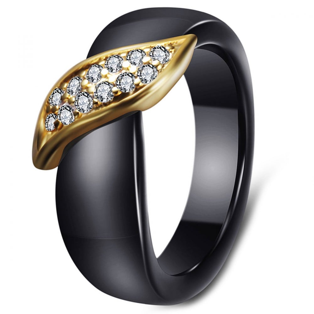 Women Black Ceramic Gold Plated Cubic Zirconia Inlay Ring BijouxStore webid1540