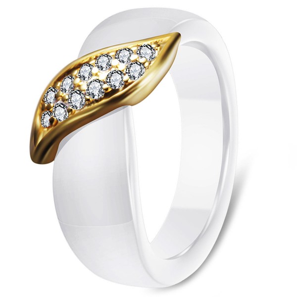 Women White Ceramic Gold Plated Cubic Zirconia Inlay Ring