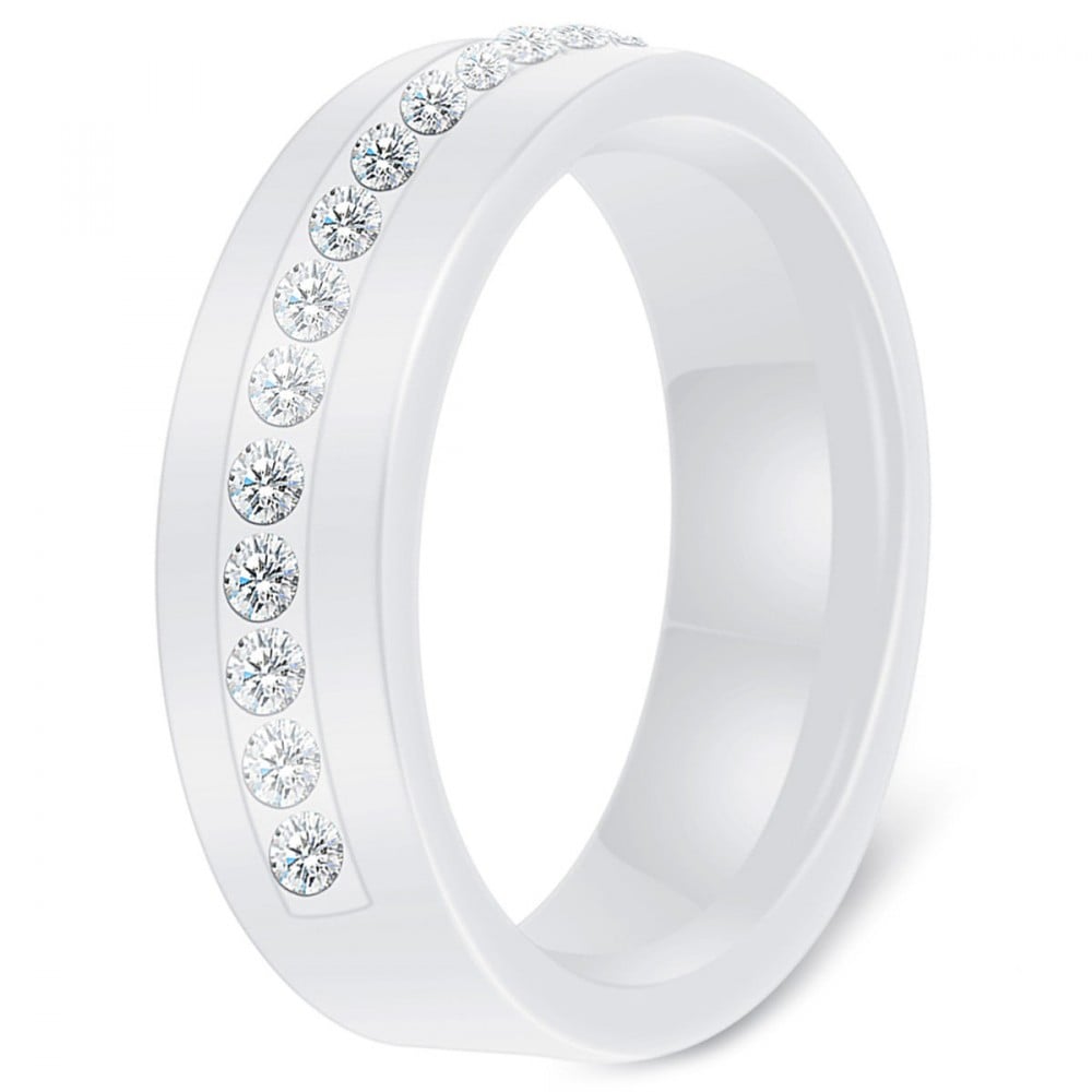 Women White Ceramic Cubic Zirconia Line Inlay Band Ring BijouxStore