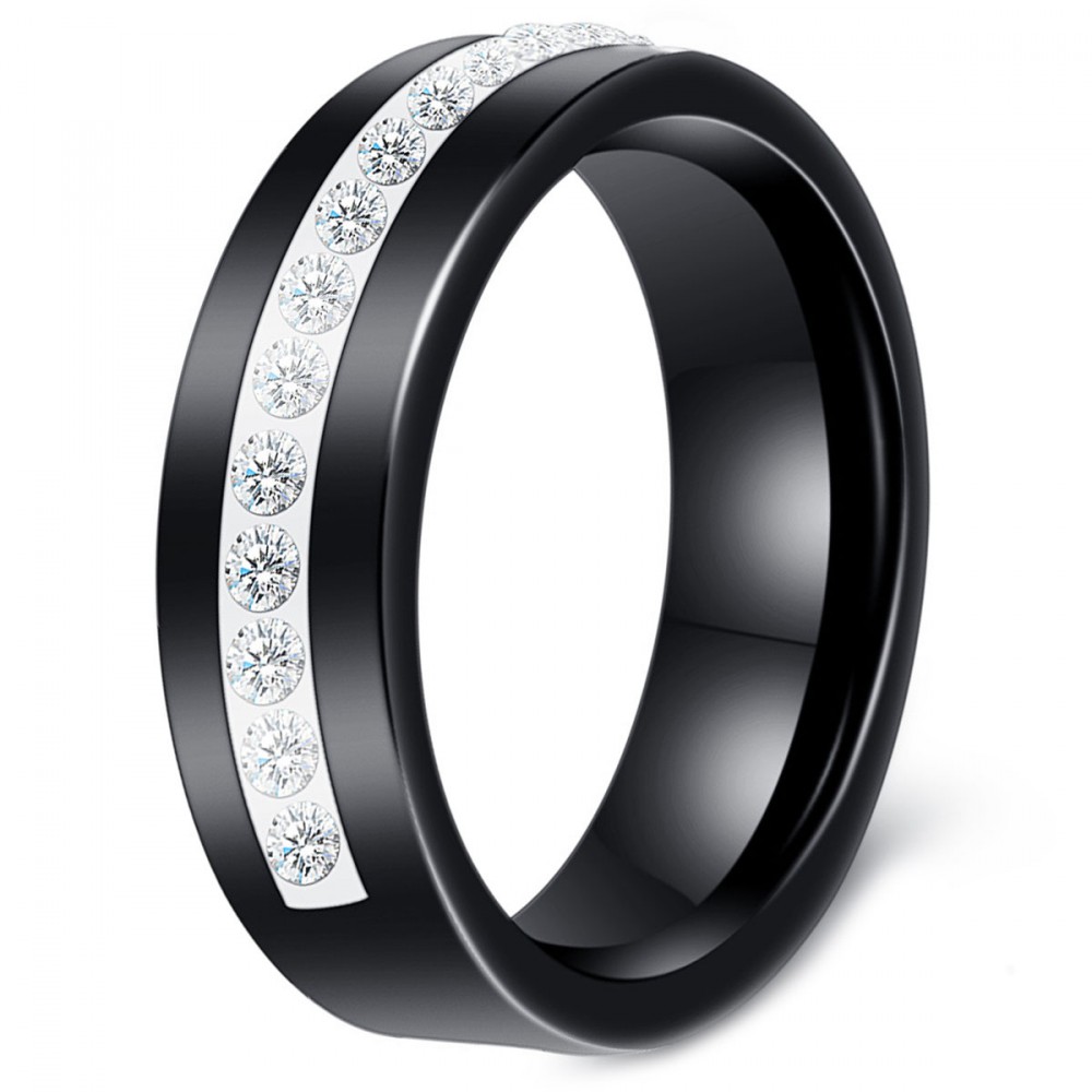 Women Black Ceramic Cubic Zirconia Line Inlay Band Ring BijouxStore