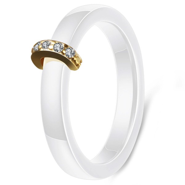 Women White Ceramic Gold Plated Cubic Zirconia Inlay Ring