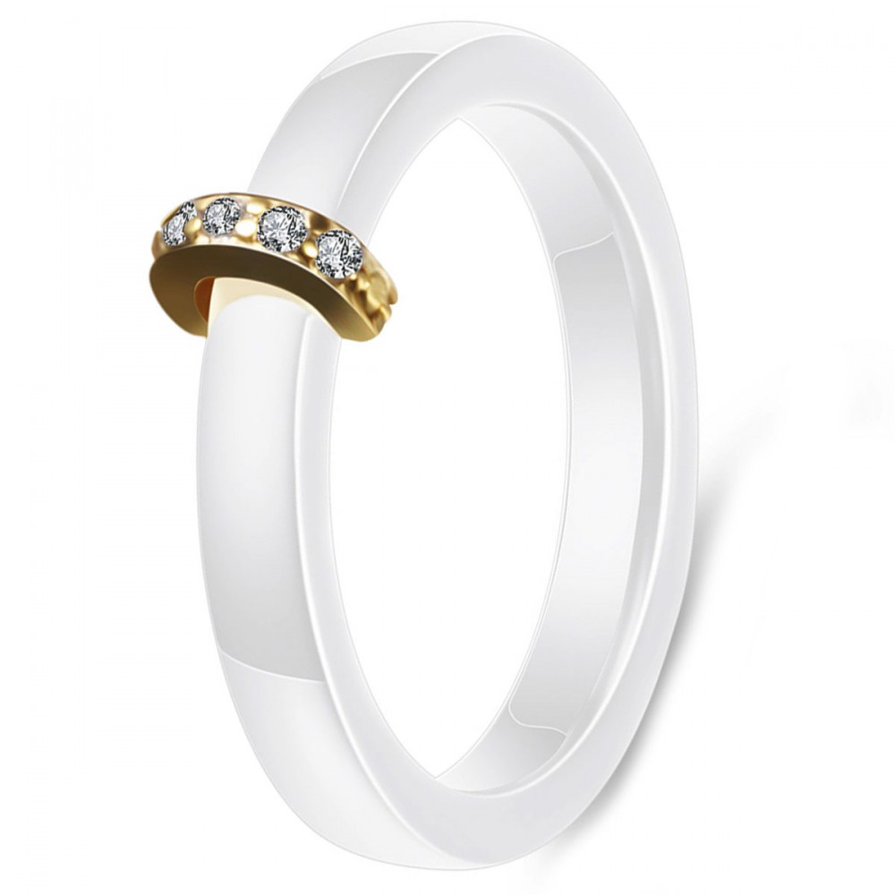 Women White Ceramic Gold Plated Cubic Zirconia Inlay Ring BijouxStore