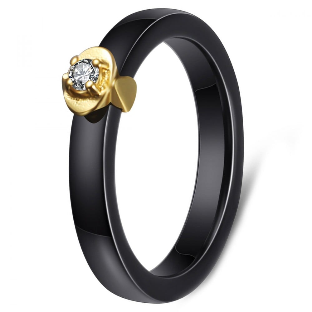 Women Black Ceramic Gold Plated Cubic Zirconia Inlay Ring BijouxStore