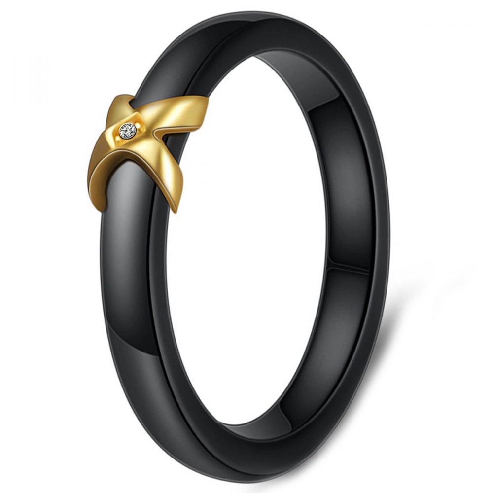 Women Black Ceramic Gold Plated Cross Cubic Zirconia Ring BijouxStore